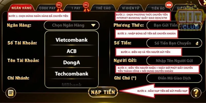 3 Hướng Dẫn Hitclub Hữu Ích Nhất Cho Tân Thủ Hướng dẫn nap tiền tại cổng game HitClub